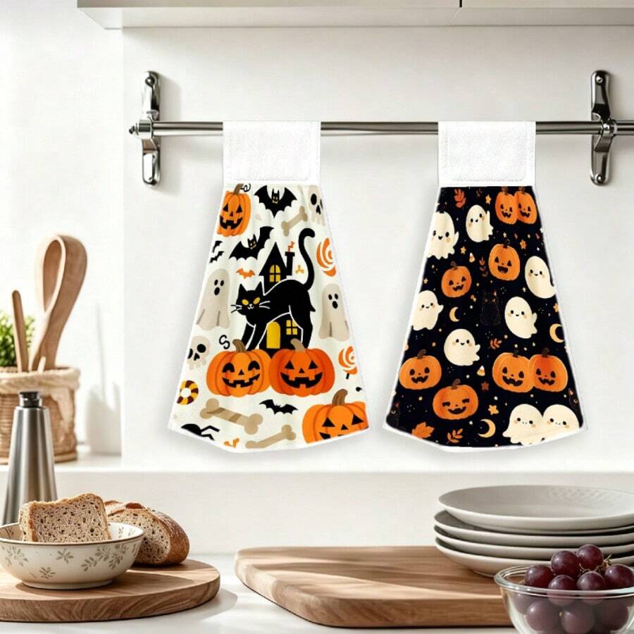 1/2PCS Halloween Black Cat Ghost Pumpkin Hand Towels, Soft & Absorbent, Machine Washable & Fade-Resistant. Perfect For Hands, Kitchen, And Tea Bars. Halloween Kitchen Accessories. - Multicolor - View 1