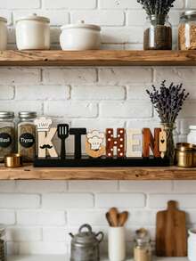 1pc Wooden Letter Table Sign, Chef Hat Beard Spatula Rolling Pin Decor, Freestanding Wooden Block Decoration, Suitable For Kitchen Countertop, Shelf, Tiered Tray, Rustic Kitchen Home Decor, Housewarming Gift, Kitchen Decoration And Accessories, Kitchen Essentials - A - View 2