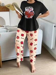 Plus Size Women's Casual Loungewear Pajama Set, Cute Funny Cartoon Monster Print Short Sleeve Top & Long Pants 2 Pieces Pajama Set - Black - View 4
