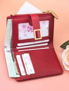 Women's Short Colorblock Patchwork Wallet, Fashionable Leopard & Tree Pattern Multifunctional ID Holder, Exquisite Fashion Snap Closure Large Capacity Zipper Card Holder Coin Purse, Lightweight & Convenient For Young Students, Suitable As Holiday Gift - Red - View 7