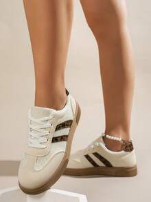 1 Pair Women's Multifunctional Fashion Casual Shoes, Flat Lace-Up Round Toe Rubber Sole Casual Sneakers, Beige & Contrast Color, Suitable For Daily Wear, Casual Shoes Size 36-42, - Beige - View 6