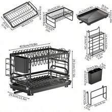 Kusuxva This Double-Layer Metal Kitchen Countertop Dish Rack Is Space-Saving And Durable. It Comes With A Knife And Fork Holder, Cup Holder, Cutting Board Holder, And Rust-Proof Drain Tray. Kitchen Storage Items Help You Keep Your Kitchen Neat And Organized. - Black - View 9