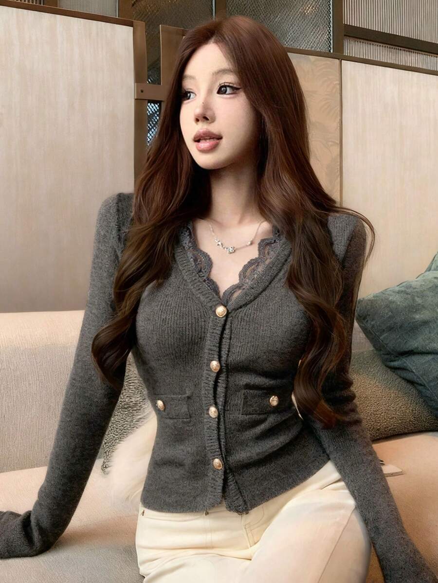 Cardigan Wanita Motif Renda Patchwork Kasual Serbaguna untuk Pemakaian Sehari-hari - Dark Grey - View 1