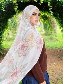 1pc Women's Bohemian Style Watercolor Floral Print Viscose Fiber Scarf, Casual Street Hijab Shawl, Suitable For Daily Wear And Summer Beach - White - View 3