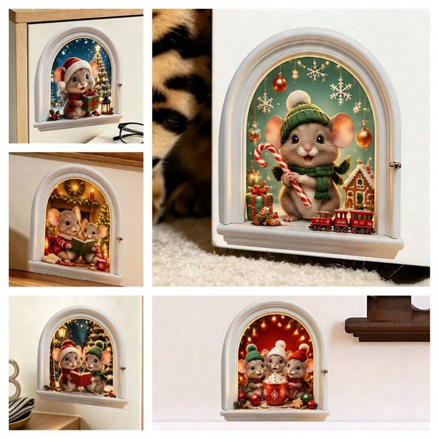 1pc Christmas Little Mice Arched Window Vinyl Decals, Mouse In Santa Hats And Knit Scarves Patterns Matched With Mini Train, Gift Boxes And Wreath Details. Self-Adhesive Vinyl Stickers For Family Xmas Party Home Decor. - Multicolor - View 1