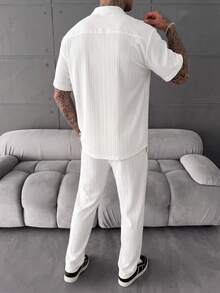 YUNCHIC Summer Ice Silk Textured White Stand Collar Short Sleeve Set Men's Lightweight Breathable Casual 2 Pieces Outfit Vacation Commute Draped Long Pants - White - View 4