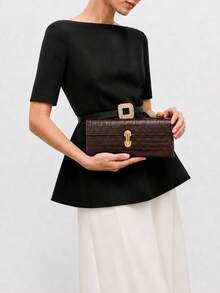 Women's Handbag, Rectangular Clutch, Embossed Pattern, Gold Metal Twist Lock, Large Capacity, Vintage Evening Party Daily Commute - Coffee - View 2