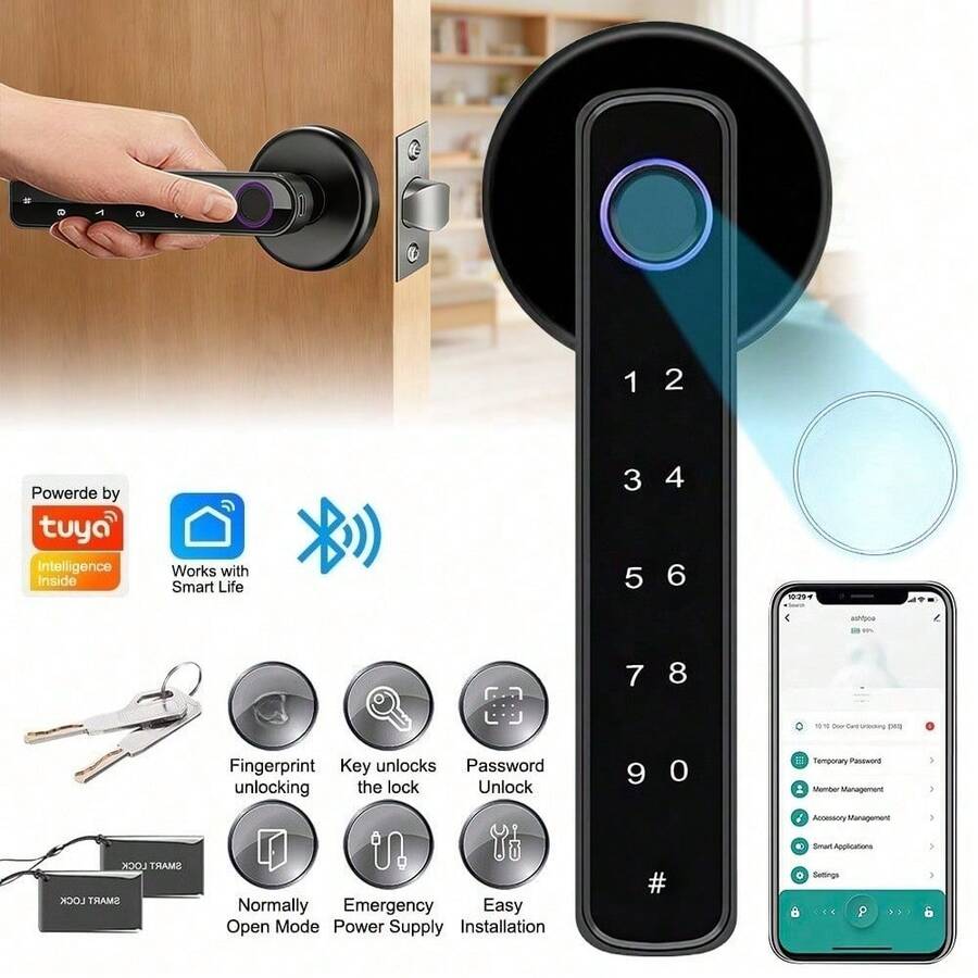 3-In-1 Smart Door Lock With App Control: Keyless Entry Fingerprint Door Handle With Keypad And Physical Keys, Battery-Powered Electronic Deadbolt For Home, Bedroom, Apartment, And Office (Black) - 黑色 - 查看 1