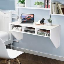 Wall Mounted Floating Computer Table Desk With Storage Shelve - White - View 2