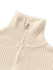 Women's Casual Commute Stylish Elegant Relaxed Solid Color Stand Collar Long Sleeve Drop Shoulder Double Front Zipper Slim-Fit Sweater, Fall Winter - Apricot - View 7