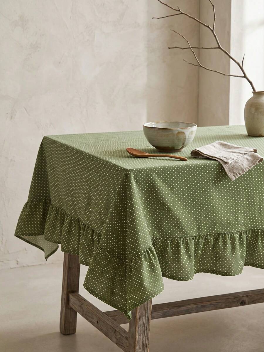 1pc Green Background White Polka Dot Pattern Ruffle Edge Tablecloth, Fresh Natural Style, Rectangular With Ruffle Edge And Pleated Detail, Decorative And Functional For Home Dining - Green - View 1
