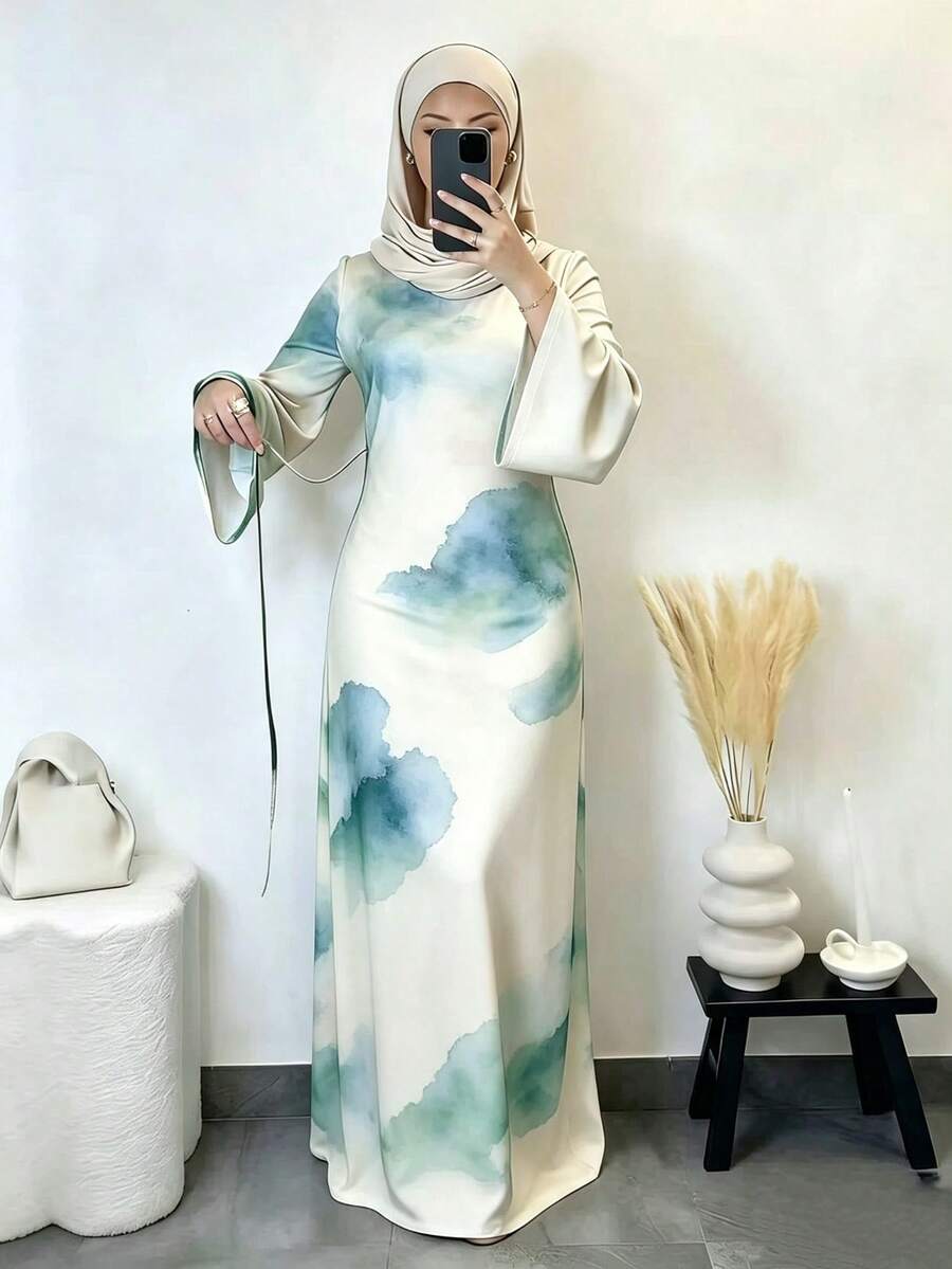 優雅 Abaya 長裙,彈性面料,喇叭長袖,抽象印花圖案,度假風,春季白色秋季 - 白色 - 查看 1