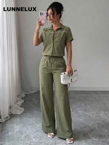 LUNNELUX Women's Autumn Green Collared Short Sleeve Wide Leg Tie Waist Jumpsuit Summer - Green - View 1