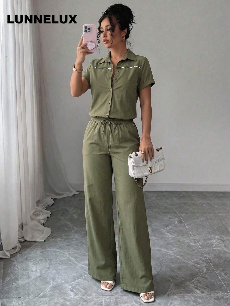 LUNNELUX Women's Autumn Green Collared Short Sleeve Wide Leg Tie Waist Jumpsuit Summer - Green - View 1
