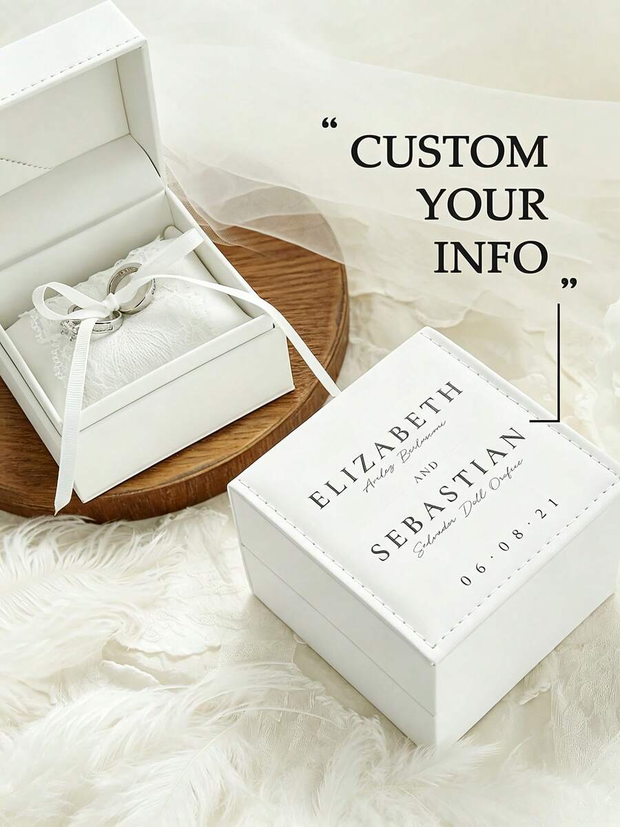 Kotak Cincin Kulit Sintetis dengan Nama & Tanggal yang Dipersonalisasi, Kotak Cincin Pernikahan Putih Elegan Persegi yang Disesuaikan, Bantal Cincin Renda yang Disesuaikan, Bantal Cincin Pernikahan dengan Pita, Renda Tulle Elegan - MultiWarna - View 1
