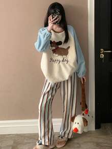 Autumn Flannel Women's Shoulder-Covering Pullover Loungewear, Winter 2-Piece Set Loose Cartoon Thermal Lined Large Puppy Comfortable Pajamas - Apricot - View 1