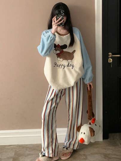 Women's Flannel Dolman Sleeve Pullover Loungewear Set, 2-Piece Loose Fit Cartoon Fleece Lined Pajamas With Large Puppy Embroidery, Autumn/Winter