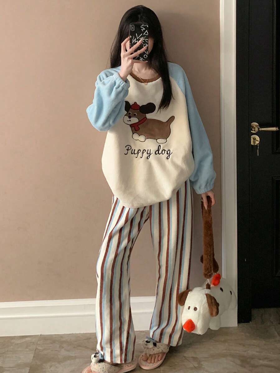 Autumn Flannel Women's Shoulder-Covering Pullover Loungewear, Winter 2-Piece Set Loose Cartoon Thermal Lined Large Puppy Comfortable Pajamas - Apricot - View 1