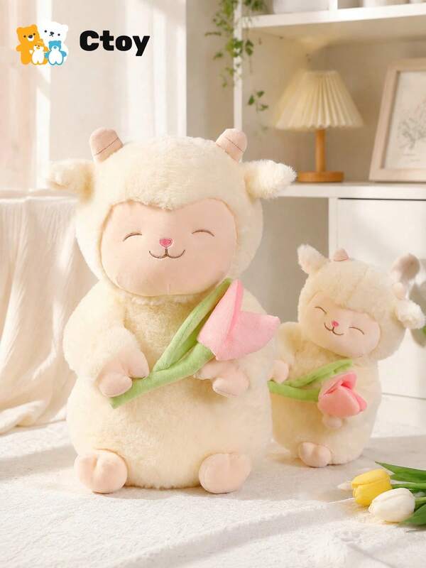 Cute Cartoon Tulip Sheep Plush Doll Soft Smiling Little Lamb Doll Holding Flower Pillow Cushion Desk Decor Home Decoration Photo Prop Gift For Friends Bestie Holiday Birthday Christmas Halloween