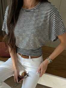 JTI Women's Crew Neck Black And White Striped Waist-Defining Batwing Sleeve T-Shirt, Casual Elegant Commuter Top For Autumn - Black and White - View 5