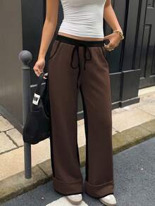 Women's Autumn Colorblock Patchwork Wide Leg Pants, Vacation Street Casual Long Pants, Back To School Autumn Outfit - Brown - View 8
