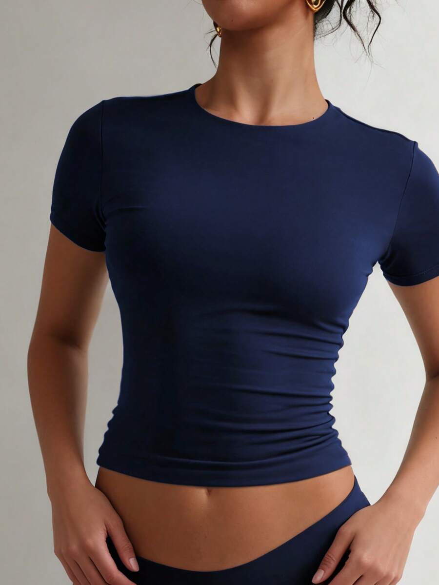 XLLAIS Women's Basic Solid Color Crew Neck Short Sleeve Fitted Casual T-Shirt Summer - Blue - View 1