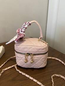 Pink Rhombus Chain Small Square Bag Mini Handheld Makeup Bag Versatile Crossbody Bag Heart Pendant Commuter Handbag - Pink - View 6