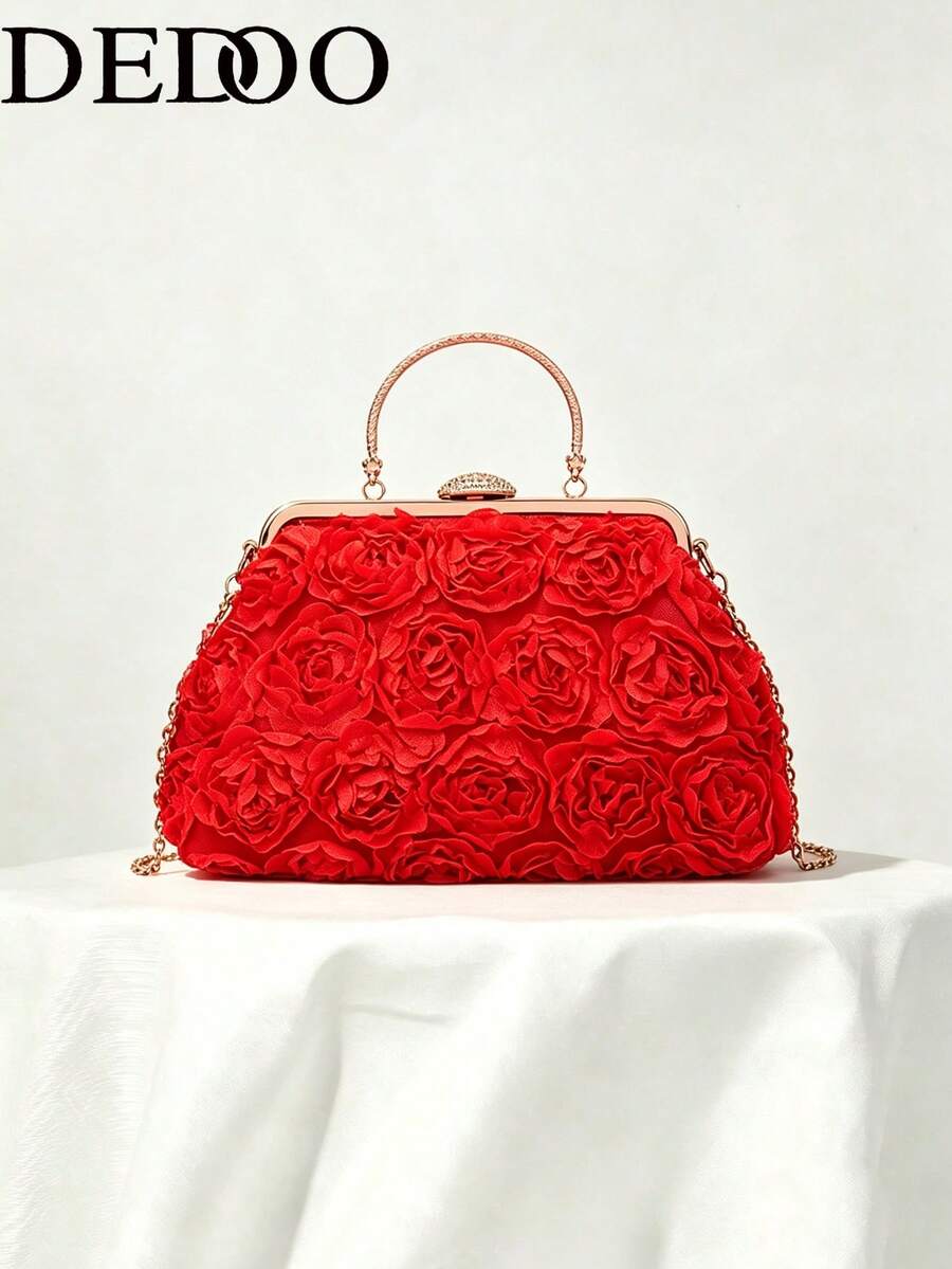 Dedoo 3D Rose Oval Hard Frame Clutch, Rhinestone Kiss Lock, Detachable Chain, Sweet Romantic Women's Handbag, Suitable For Bride Formal Occasions (Random Floral Pattern)