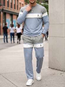 Men's Autumn/Winter Casual Comfortable Colorblock Striped Print Crew Neck Long Sleeve T-Shirt & Pants Set - Multicolor - View 5