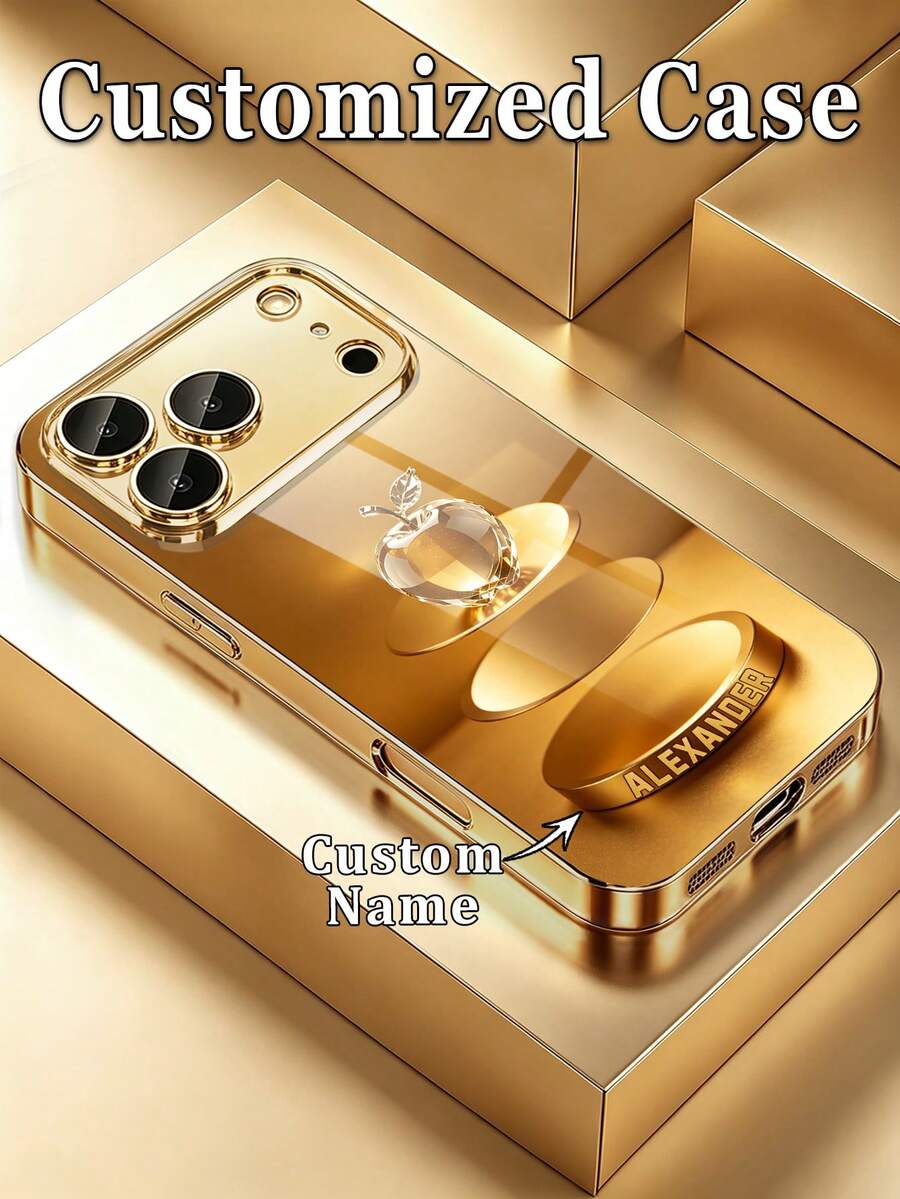 1件 DIY 定製獨家姓名奢華金星光水晶蘋果印花高畫質電鍍金玻璃手機殼，適用於 iPhone 17/17Pro/17ProMax/17Air/16/16Pro/16ProMax/16Plus/15/15Plus/15Pro/15Promax/14/14Pro/14Promax/13/12/11/XRMax/8/7/6Plus，手機配件，全覆蓋，優雅奢華，保護殼