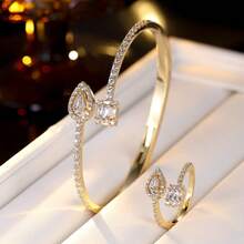 1 Set Cold White Silver Square Diamond & Teardrop Diamond Double Stone Open Bangle & Ring 2 Pieces Set, Luxury Full Zirconia Bracelet, Versatile Evening Dress Jewelry Set For Women - Bracelet Ring Set - View 7