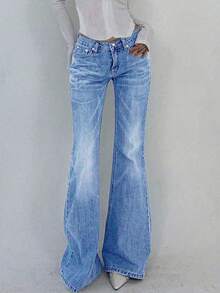 Jeans de cintura alta ajustados con bolsillos y pierna acampanada para adolescentes - Azul - Ver 4