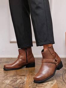 Men's Western Ankle Boots With Buckle And Side Zipper, Vintage Chunky Heel Chelsea Boots For Outdoor, Commute And Style - Brown - View 1