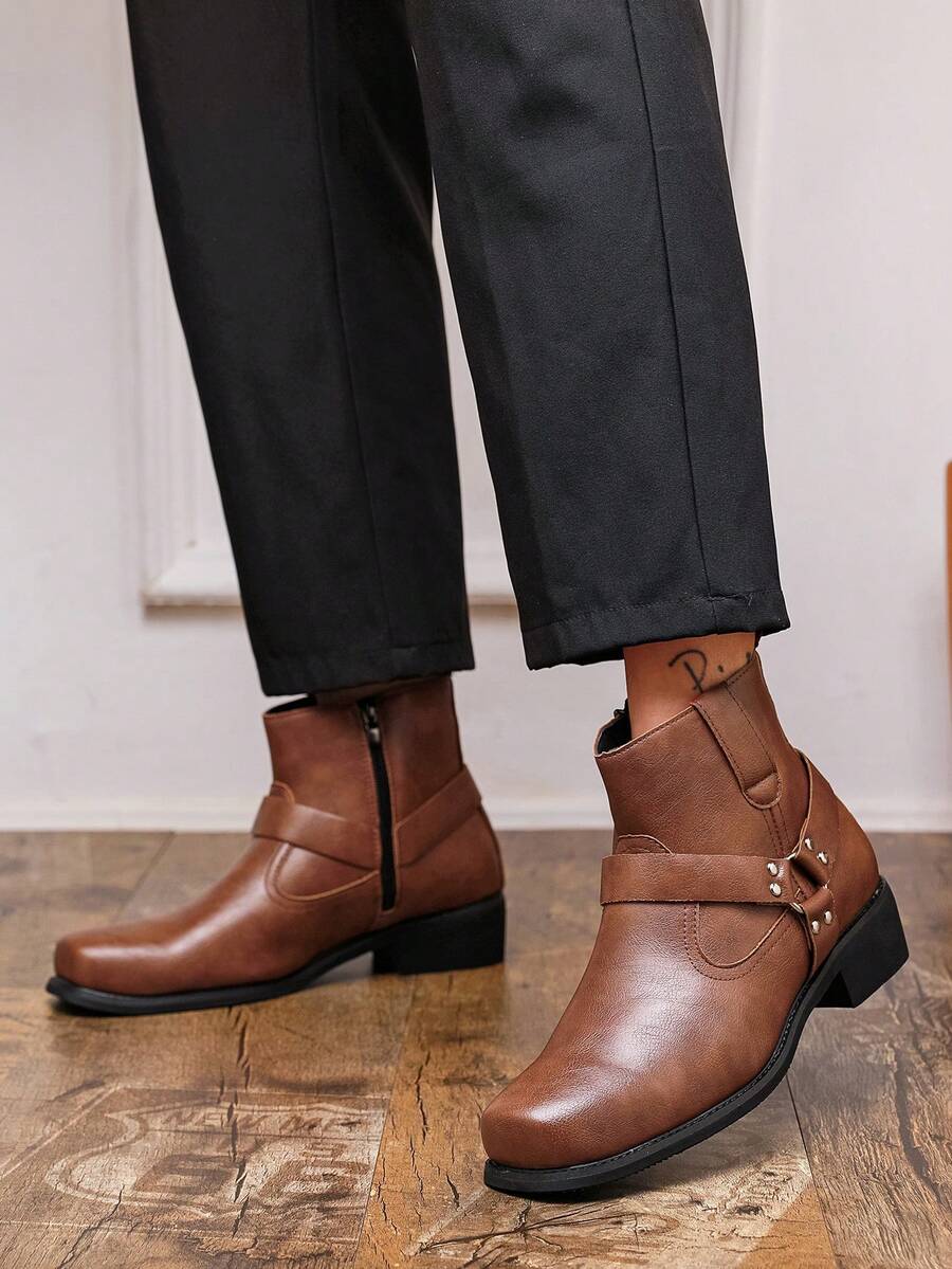 Men's Western Ankle Boots With Buckle And Side Zipper, Vintage Chunky Heel Chelsea Boots For Outdoor, Commute And Style - Brown - View 1