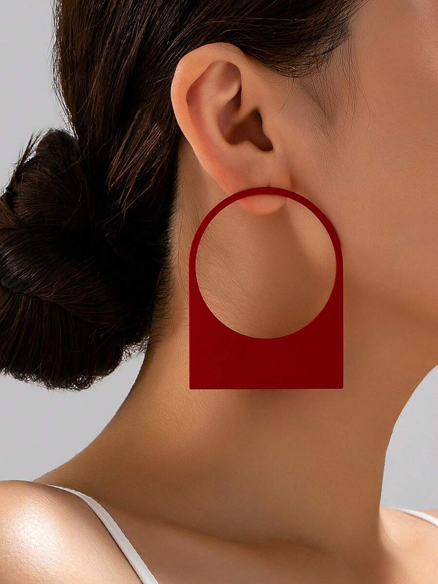 2件組歐美風誇張紅色鏤空圓形耳釘耳環 女款 - 紅色 - 查看 1