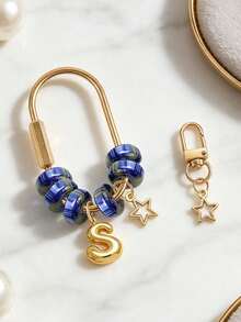 Blue Beaded Letter Keychain,Simple Brass Keychain Holder Clasp With Star Pendan,Fashion Bag Charms, Car Keychain,Gift For Women Girls Handbag Decor - Multicolor - View 10