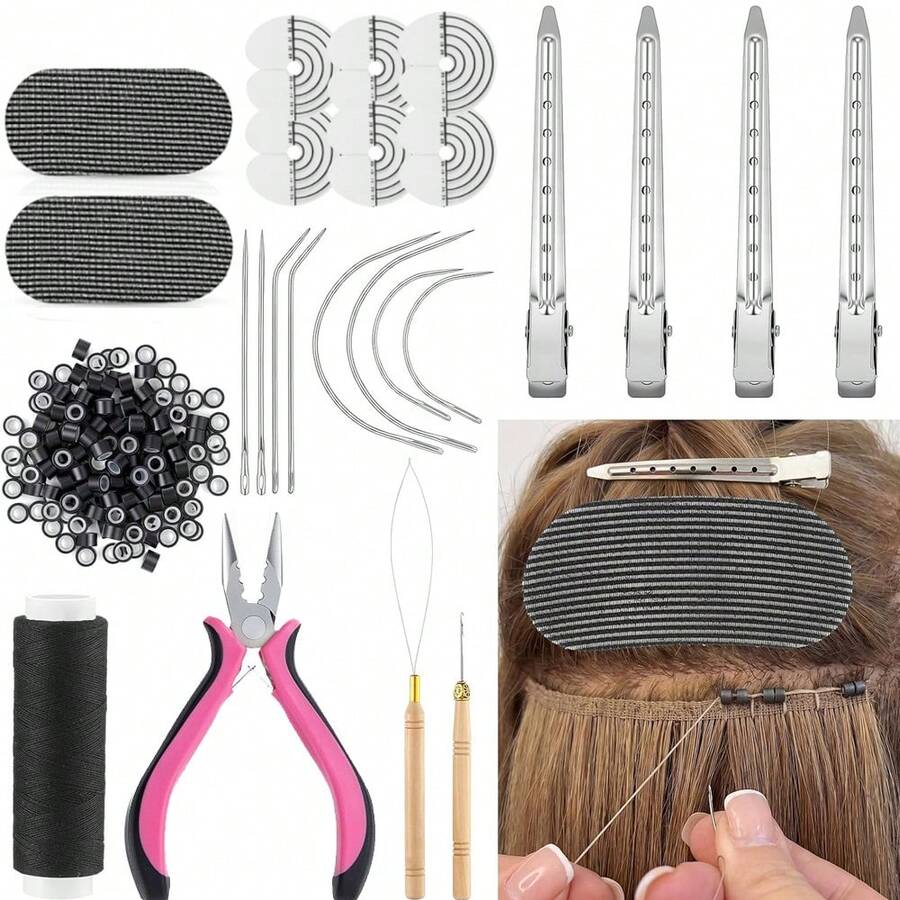 Perlengkapan Alat Ekstensi Rambut, Tang Ekstensi Rambut, Benang Jahit dan Set Jarum C/J/I, Cocok untuk Pembuatan Wig DIY, Penata Rambut Profesional dan Pemula yang Menggunakan Alat Jahit Ekstensi Rambut - View 1