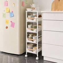 Danolapsi 5-Tier Slim Rolling Storage Cart, Wooden Top Narrow Kitchen Carts On Wheels With Pull-Out Baskets, Mobile Shelving Unit Organizer For Kitchen, Bathroom, Laundry Room, Small Spaces - White- 8.1" W - View 2