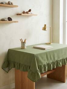 1pc Green Background White Polka Dot Pattern Ruffle Edge Tablecloth, Fresh Natural Style, Rectangular With Ruffle Edge And Pleated Detail, Decorative And Functional For Home Dining - Green - View 3