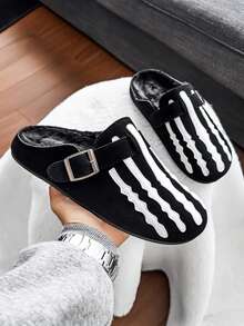 Halloween Skeleton Claw Pattern Men's Sandals, Closed Toe Mule Shoes With Adjustable Buckle, Suede Backless Design, Slip-On Casual Flat Slippers - Black - View 2