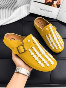 Halloween Skeleton Claw Pattern Men's Sandals, Closed Toe Mule Shoes With Adjustable Buckle, Suede Backless Design, Slip-On Casual Flat Half-Slippers - Yellow - View 3