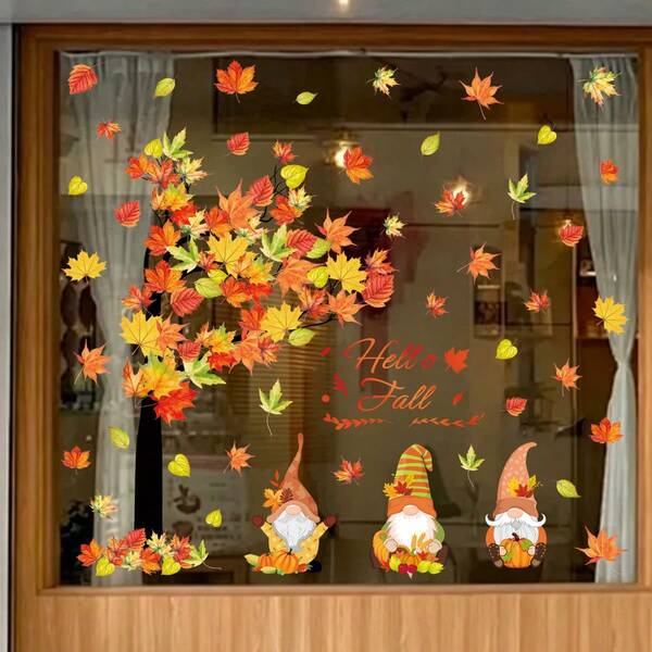 6pcs Thanksgiving Static Window Stickers, Including Maple Tree Gnome, Pumpkin, Maple Leaf Window Decals, Double-Sided Autumn Harvest Thanksgiving Glass Stickers, Suitable For Home Window Decoration