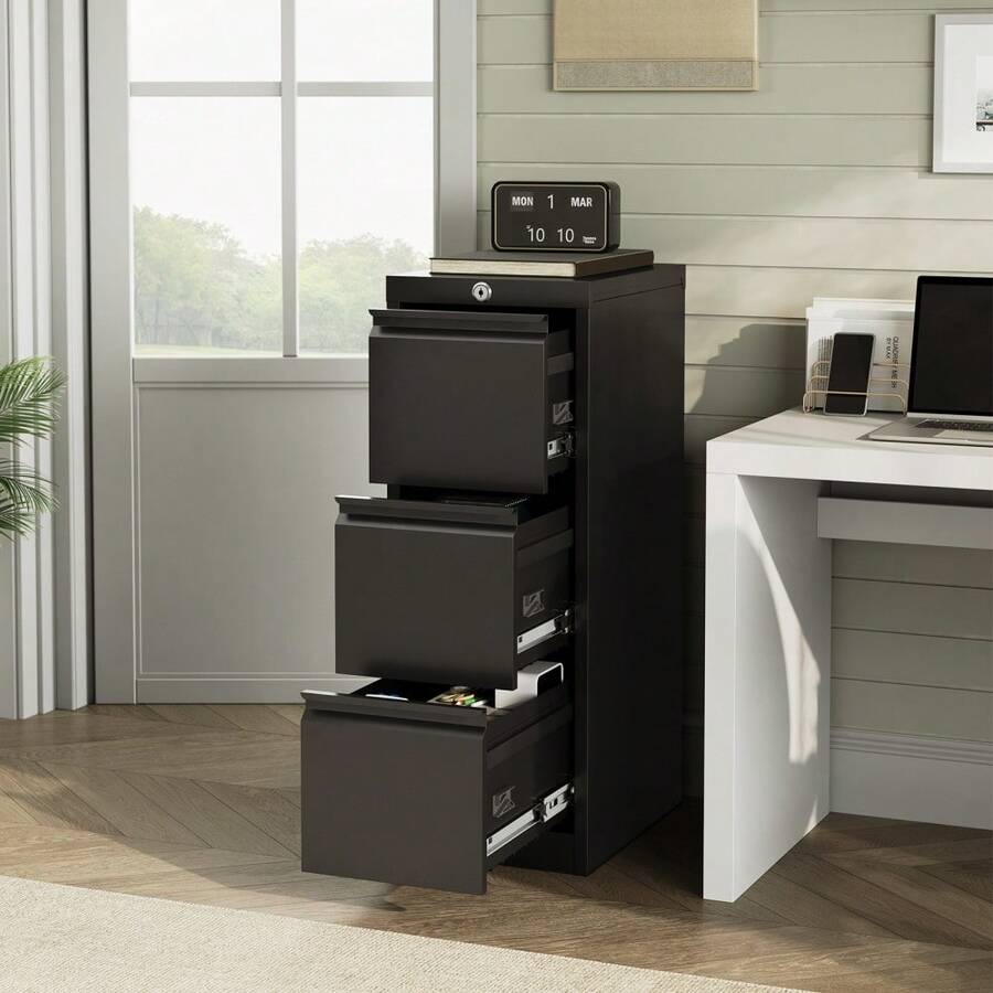 Mueble oficina archivero acero 3 cajones con candado para documentos A4 F4 Letter Legal, guardado y ordenado de archivos - Negro - Ver 1