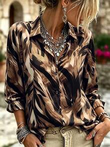 Plus Size Women's Random Pattern Button-Up Long Sleeve Shirt - Chocolate Brown - View 2
