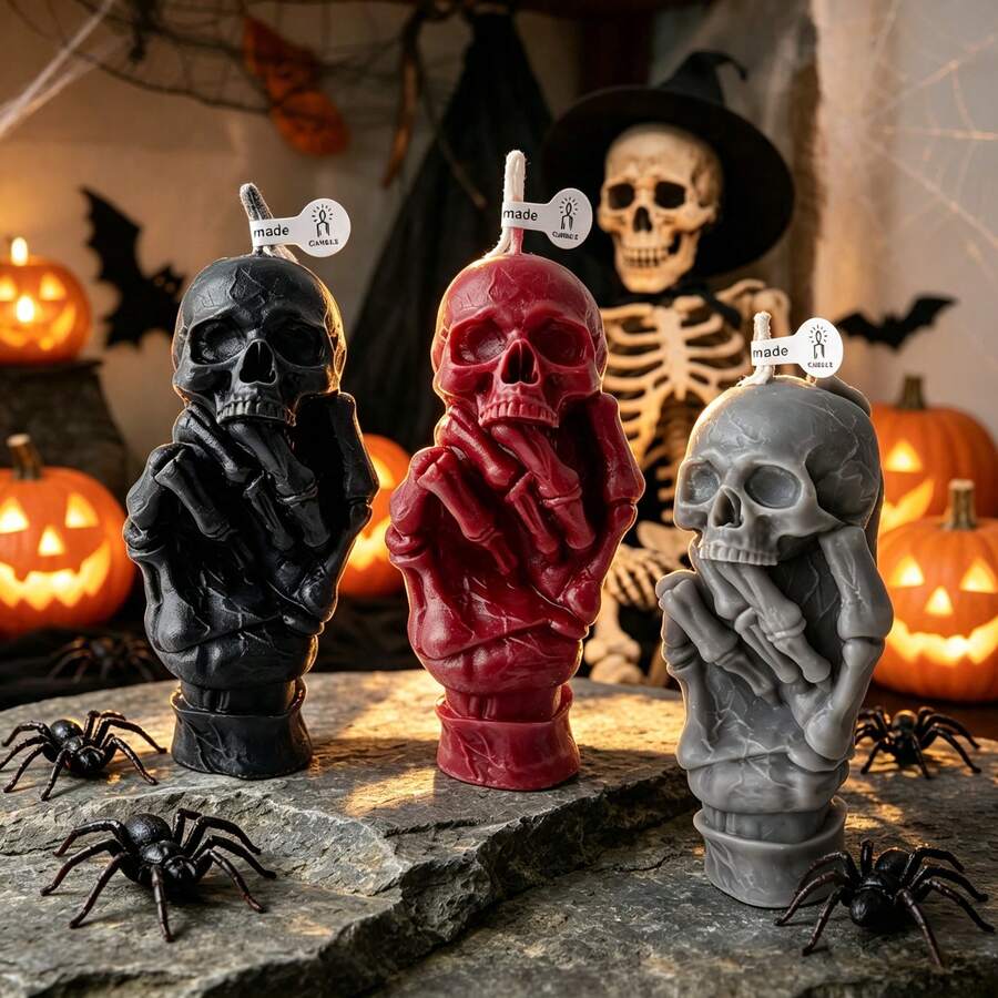Halloween Party Decoration, Gothic Style Skeleton Hand Holding Rose Shaped Scented Candle, Dark Romantic Halloween Tabletop Decor Ornament, Holiday Party Photo Prop, Niche Halloween Gift - Halloween Skeleton Holding Rose Scented Candle - View 1
