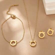 D Letter Geometric Circle Stainless Steel Jewelry 3 Pieces Set, 18K Gold Necklace, Bracelet, Earrings Luxury Set, Suitable For Women's Daily And Party Wear - Gold - View 7