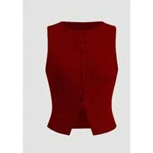 Summer New Knitted Simple Slim Sleeveless Solid Color Undershirt Undershirt Women - 酒紅色 - 查看 5