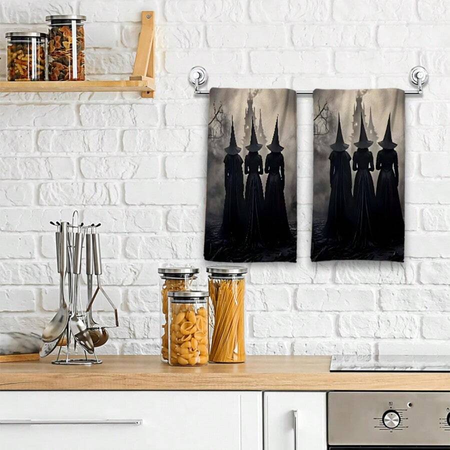 2/4/48pcs Halloween Series Three Witches Back View Pattern Printed Kitchen Towels - Super Soft, Highly Absorbent Polyester Dish And Hand Towels, Perfect For Holiday Decor, Kitchen Decor, Party Decor