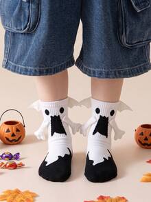 2/1 Pair Children's Socks Personalized Halloween Mid-Calf Magnetic Hand-Holding Socks Black & White Angel With Wings Socks - Multicolor - View 2