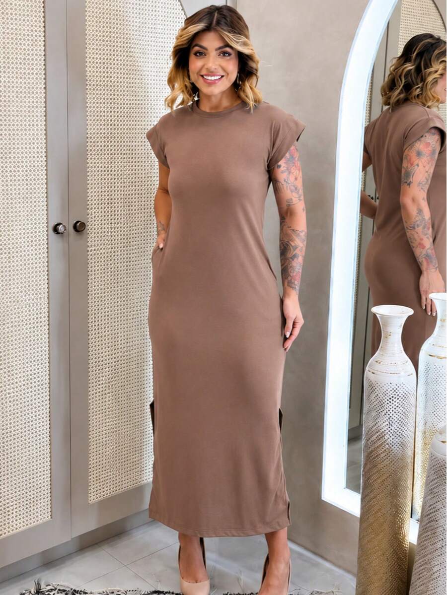 Vestido Longo Fenda Bolso Manga Elegante Feminino Malha Diário Casual Bege - Bege - Visão 1